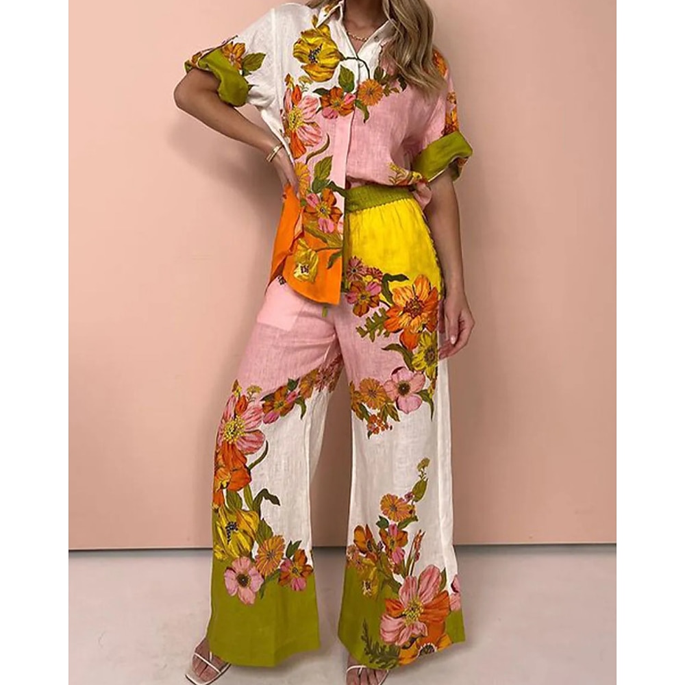 Damen Modisch Strassenmode Hemd Hosen-Sets Blazer-Anzüge Leinenhose Hosen Hose Langarm Hemdkragen Blumen Graphic Patchwork Freizeitskleidung Verabredung Weiß Rosa Orange Frühling Regular Fit Lightinthebox