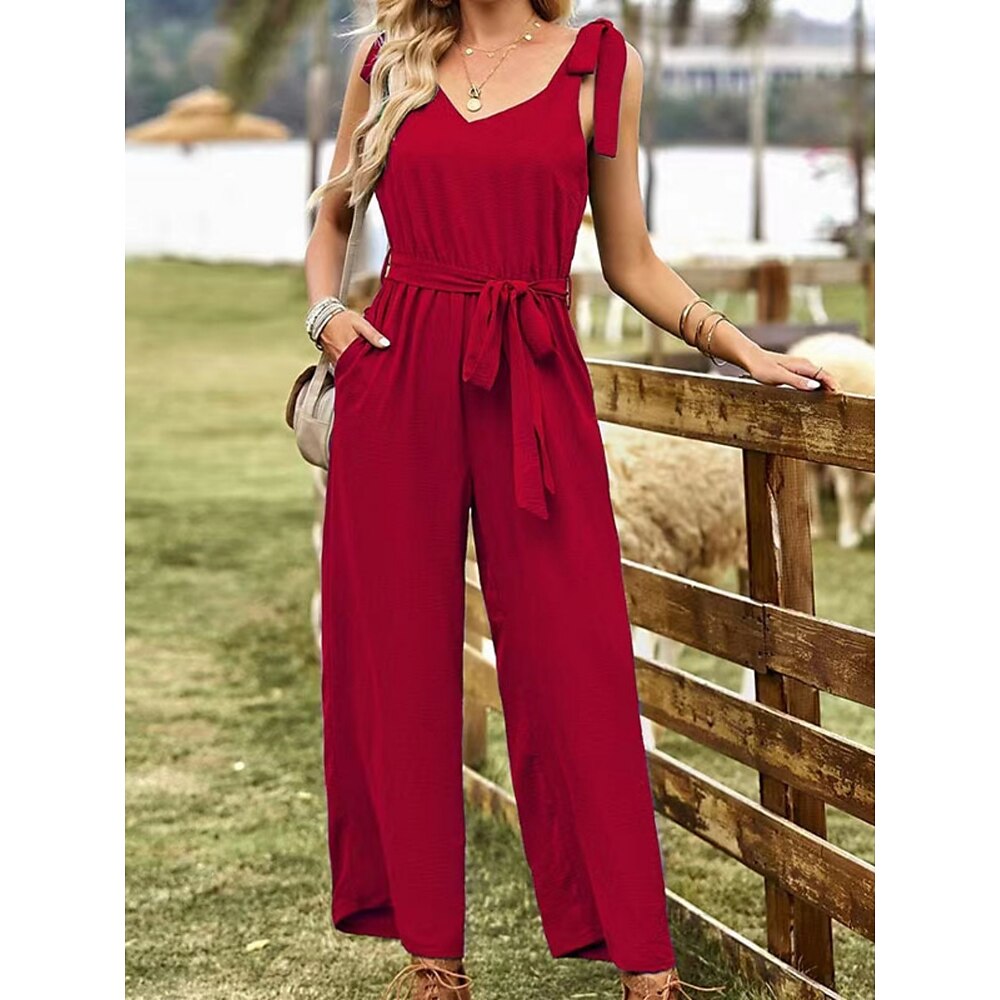 Damen Normal Jumpsuit Aktiv Feste Farbe Ärmellos V Ausschnitt mit Schnürung Tasche Urlaub Täglich Regular Fit Schwarz Wein Sommer Lightinthebox