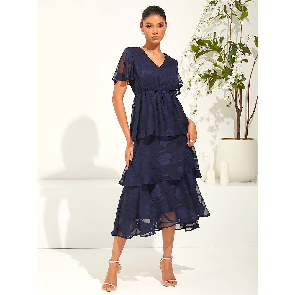 Damen A Linie Kleid Elegant Ausgefallene Glatt Maxidress Kurzarm Flattrige Ärmel V Ausschnitt Rüsche Regular Fit kleid hochzeitsgast Cocktailparty Dunkelblau Sommer Lightinthebox