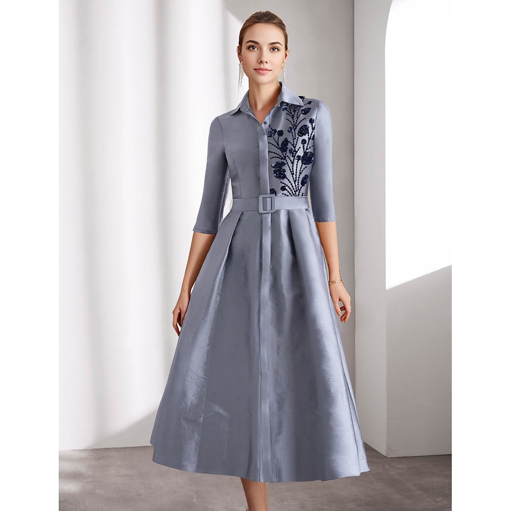 A-Linie Cocktailkleider Elegant Kleid Formal Knöchellänge 3/4 Ärmel Hemdkragen Gürtel / Schärpe Satin mit Glitzer Perlenstickerei 2024 Lightinthebox