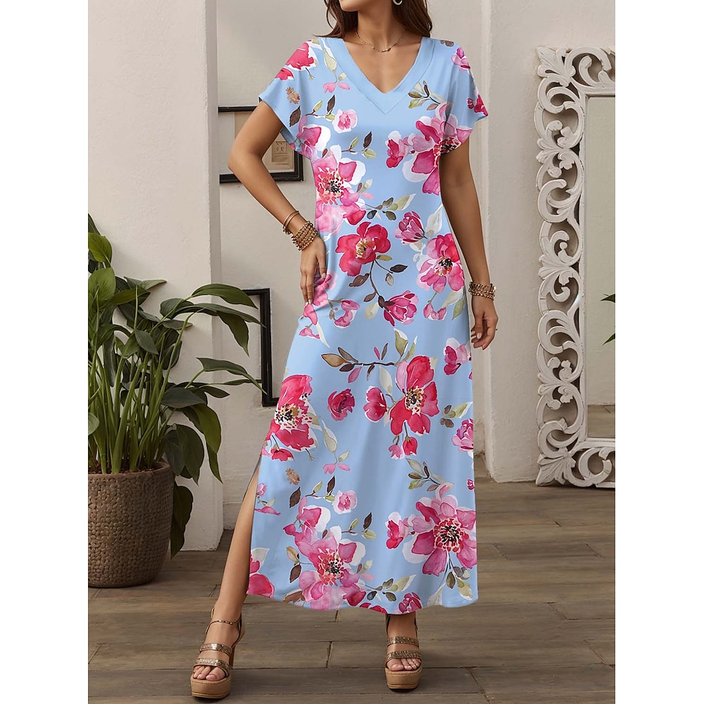 Damen Casual kleid A Linie Kleid Stilvoll Brautkleider schlicht Blumen Maxidress Kurzarm V Ausschnitt Bedruckt Regular Fit Urlaub Täglich Blau Frühling Herbst Lightinthebox