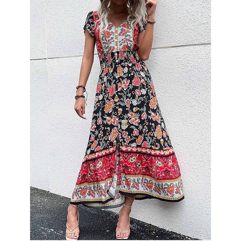 Damen Casual kleid Schaukelkleid Boho Chic Kleider A Linie Kleid Böhmen Stilvoll Brautkleider schlicht Blumen Maxidress Kurzarm V Ausschnitt Knopf Bedruckt Lockere Passform Urlaub Täglich Strand Lightinthebox