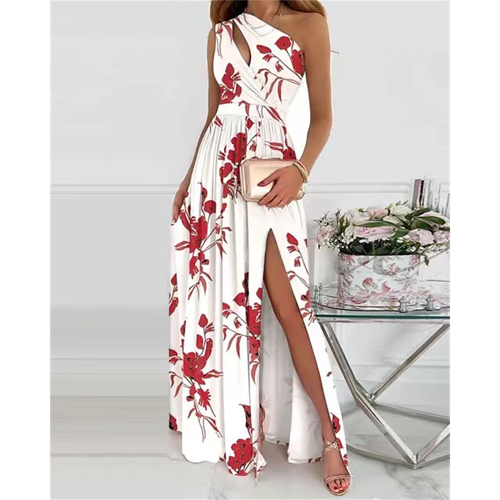 Damen Casual kleid A Linie Kleid Blumenkleid Sommerkleid Elegant Stilvoll Blumen kleid lang Ärmellos Ein-Schulter Gespleisst Regular Fit Urlaub Täglich Verabredung Weiß Rosa Rote Sommer Lightinthebox