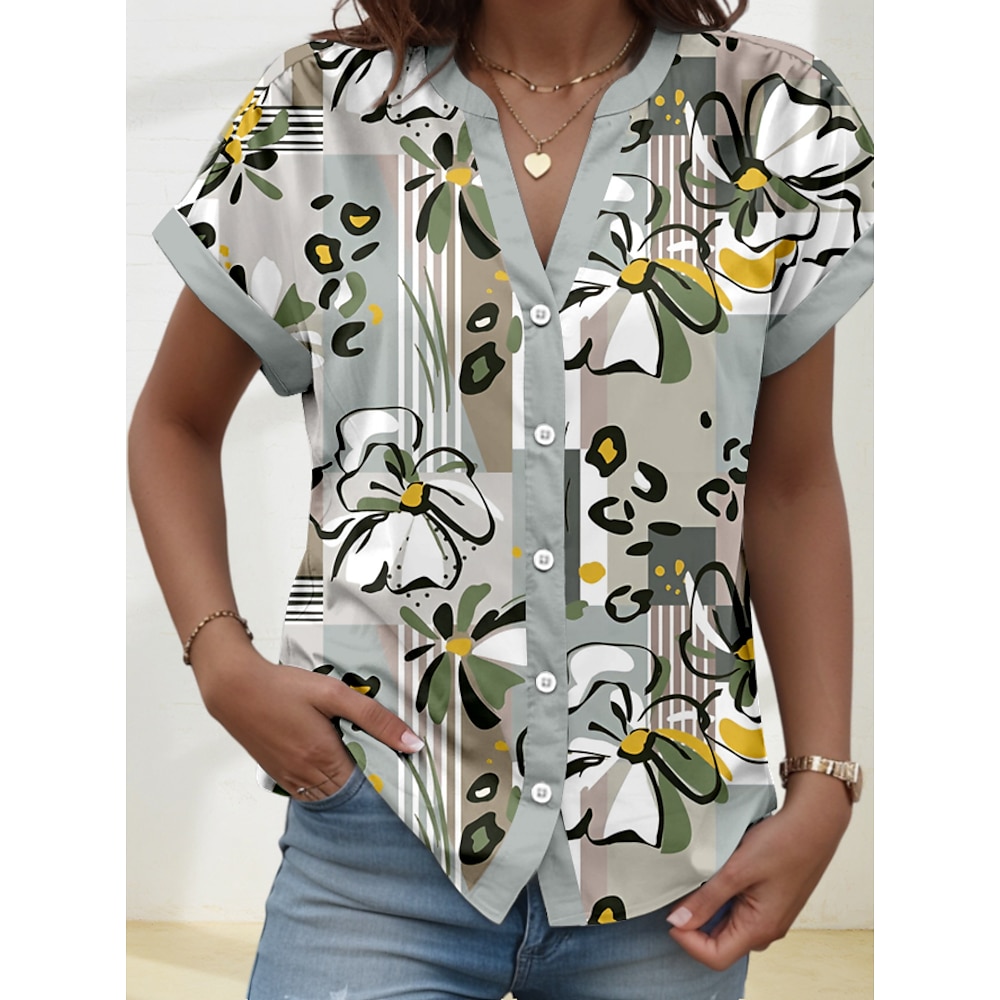 Damen Bluse Stilvoll Strand Design Blumen Graphic Normale Oberteile Kurzarm Hemdkragen Knopf Bedruckt Formschluss Täglich Grün Frühling Herbst Lightinthebox