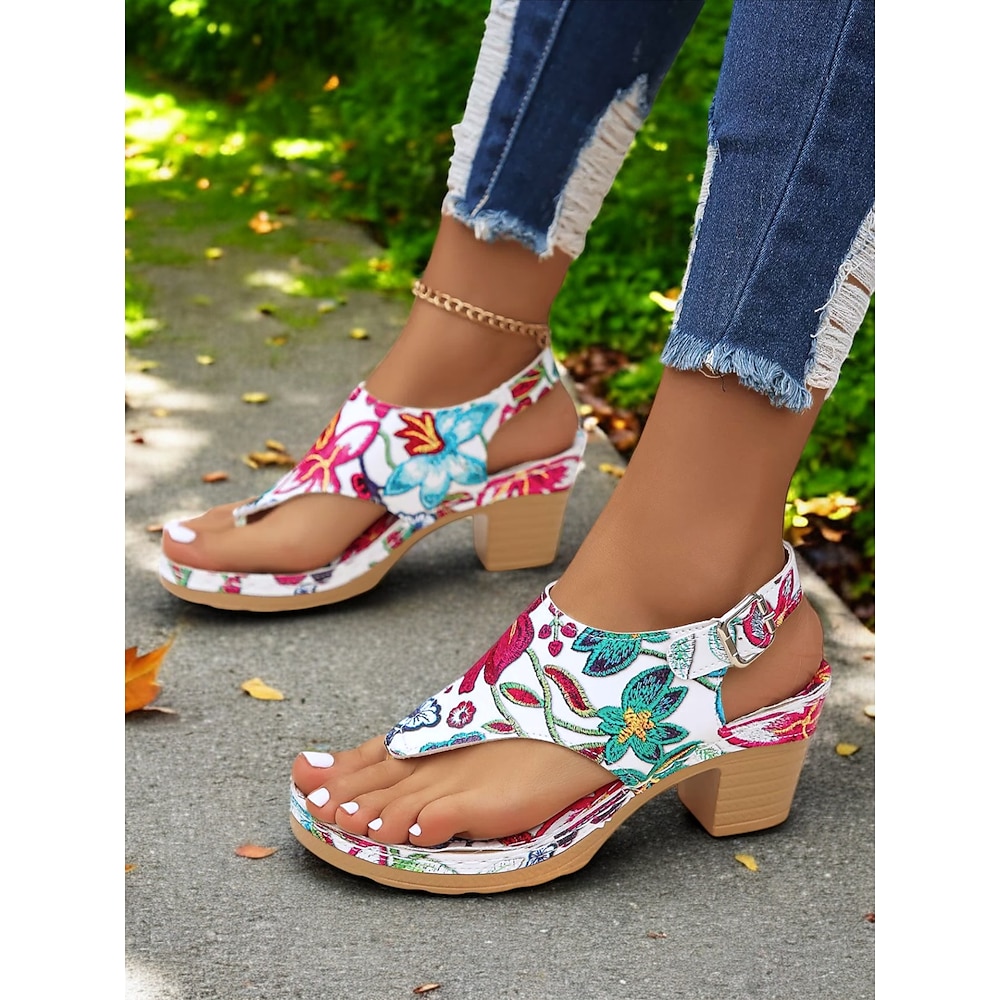 Zehentrenner-Sandalen für Damen mit Blumenmuster, klobigem Blockabsatz und verstellbarem Schnallenriemen für den Sommer, Freizeit und Strand Lightinthebox