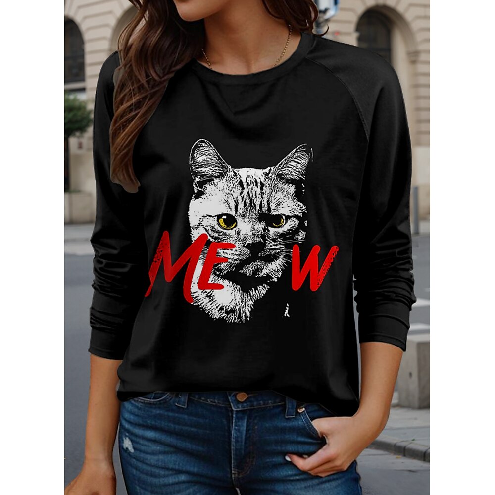 Damen Baumwoll-Shirt Brautkleider schlicht Tier Katze Lange Oberteile Langarm Rundhalsausschnitt Bedruckt Regular Fit Täglich Schwarz Frühling Winter Lightinthebox