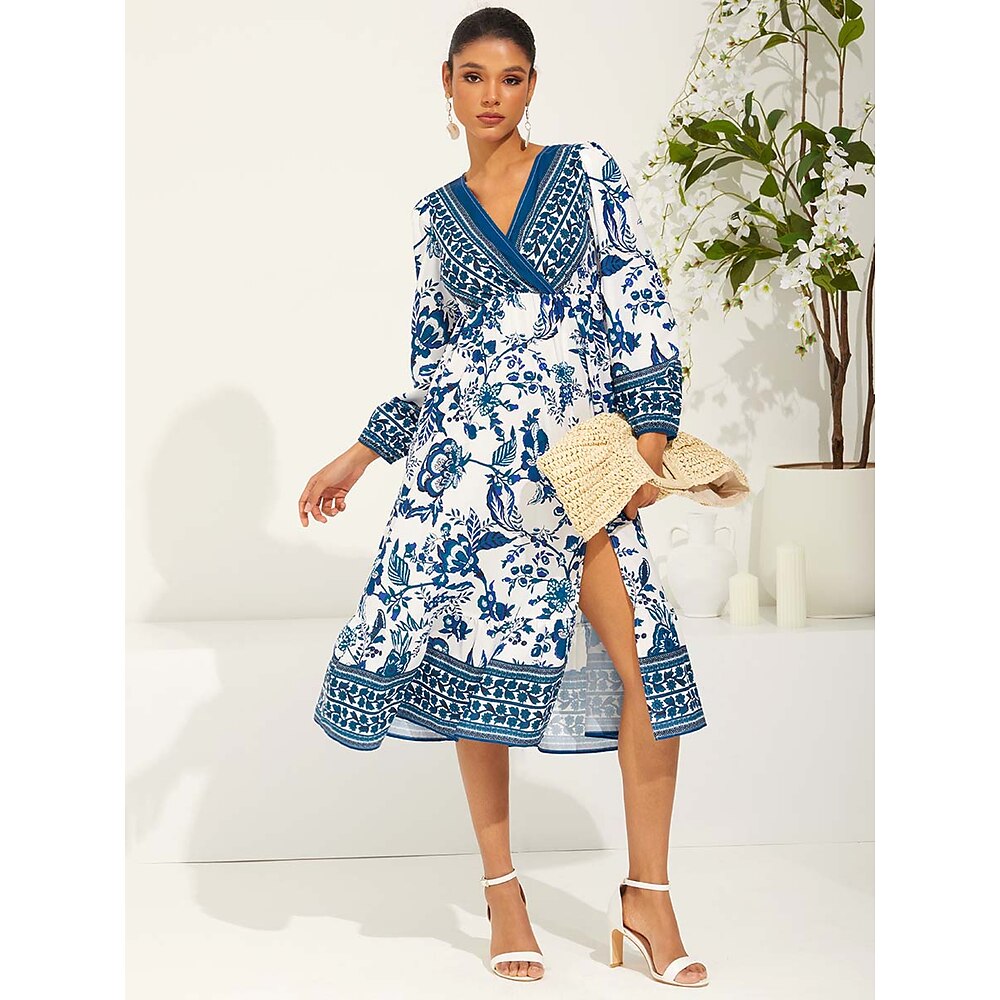 Damen Normal Boho Chic Kleider Böhmen Blumen Graphic Midikleid Langarm Bischof V Ausschnitt Bedruckt Gerafft Regular Fit seidigDressesUrlaub Verabredung Strand Blau Frühling Herbst Lightinthebox