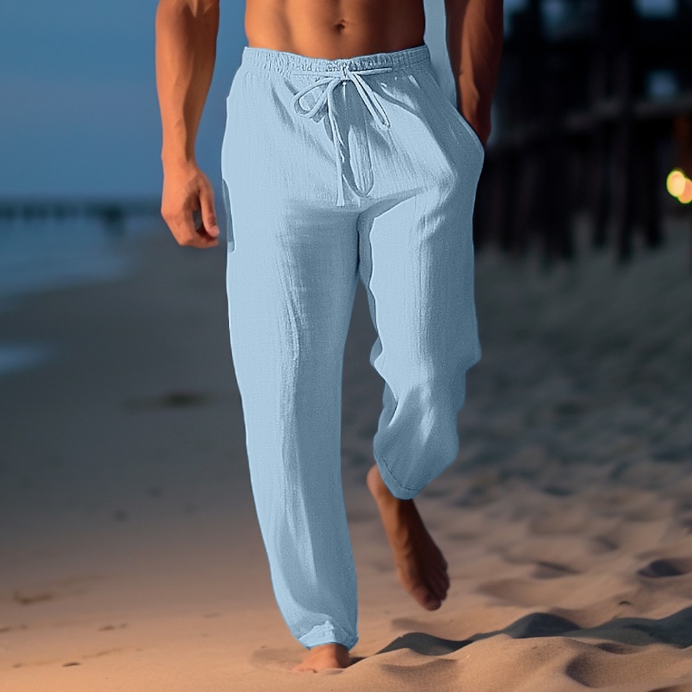 Herren Leinenhose Hose Hosen Sommerhosen Strandhose Kordelzug Elastische Taille Gerade geschnitten Glatt Komfort Atmungsaktiv Casual Täglich Festtage Modisch Klassicher Stil Hellkaki Schwarz Lightinthebox