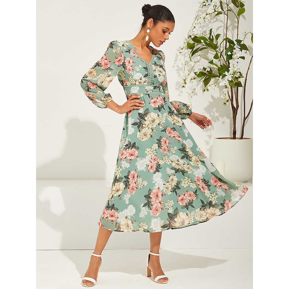 Damen Schaukelkleid Elegant Vintage Stilvoll Blumen Graphic Midikleid Langarm Bischof V Ausschnitt Spitze Bedruckt Regular Fit Urlaub Täglich Hellgrün Sommer Frühling Herbst Lightinthebox