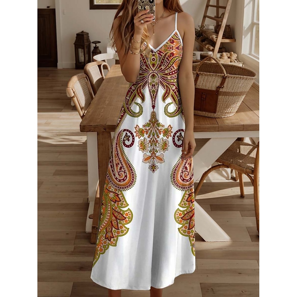 Damen Casual kleid A Linie Kleid skims dress Brautkleider schlicht Paisley-Muster Maxidress Ärmellos V Ausschnitt Rückenfrei Bedruckt Regular Fit Täglich Gelb Sommer Frühling Herbst Lightinthebox