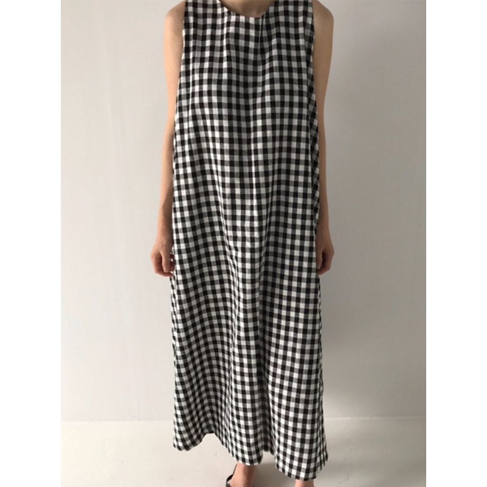 Damen Sommerkleid Stilvoll Brautkleider schlicht Plaid Midikleid Ärmellos Rundhalsausschnitt Bedruckt Regular Fit Urlaub Täglich Schwarz Sommer Lightinthebox