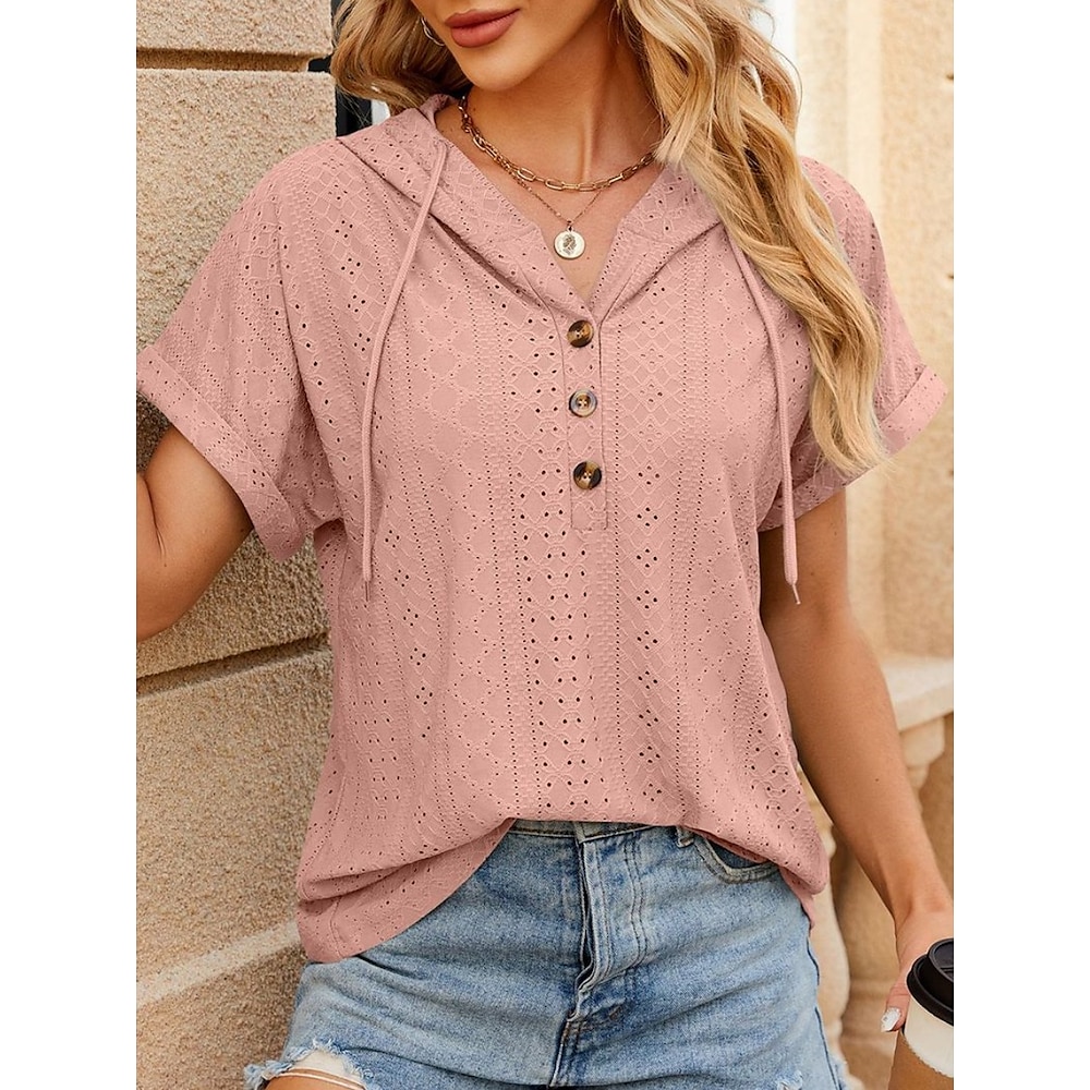 Damen T Shirt Basic Brautkleider schlicht Glatt Normale Oberteile Kurzarm V Ausschnitt Knopf Öse Regular Fit Täglich Wochenende Schwarz Weiß Rosa Rosa Sommer Lightinthebox