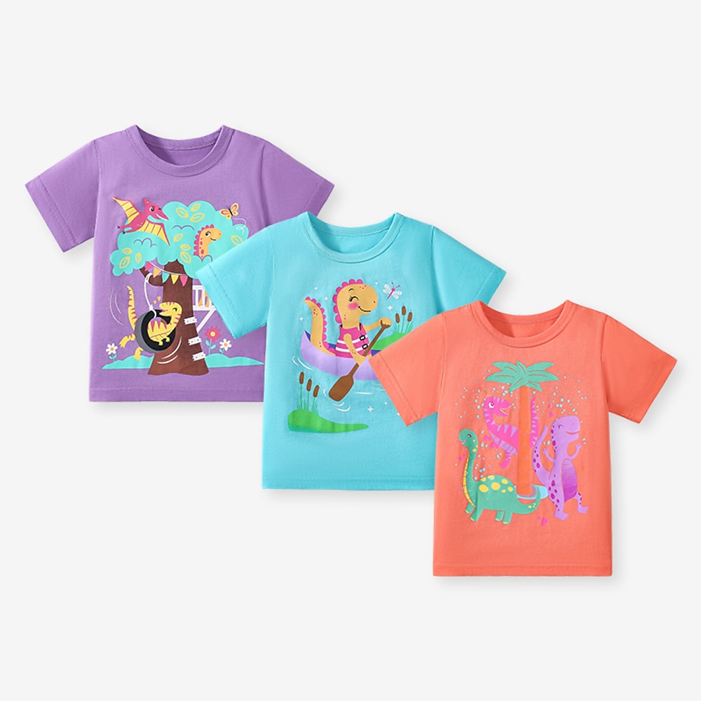 Mehrfachpackungen 3St Mädchen Rundhalsausschnitt Kurze Ärmel LilaBlauOrange T Shirt Dinosaurier Urlaub Freizeitskleidung Polyester Frühling Sommer Lightinthebox