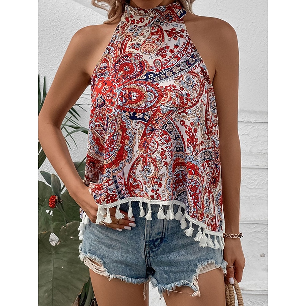 Damen Hemd Bluse Böhmen Täglich Retro Vintage Paisley-Muster Normale Oberteile Ärmellos Halfterhals Bedruckt Randbereich Regular Fit Täglich Rote Sommer Lightinthebox