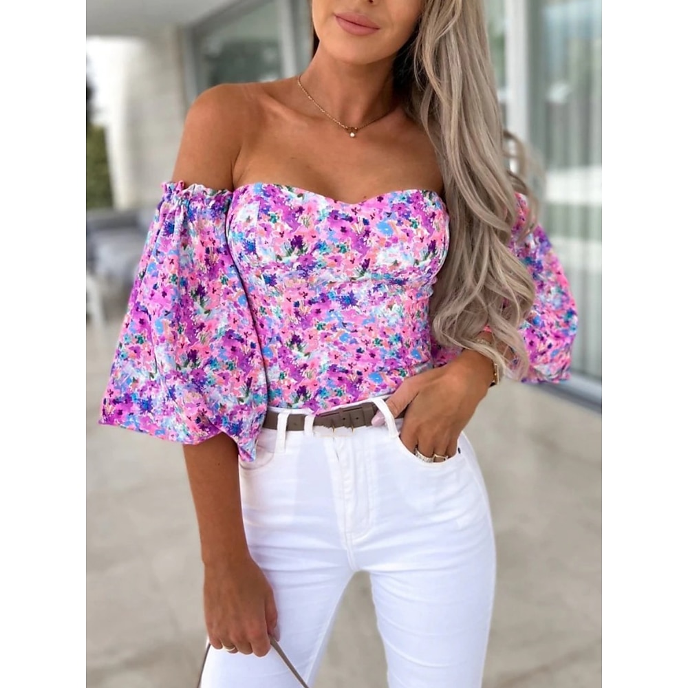 Damen Hemd Bluse Stilvoll Brautkleider schlicht Blumen Normale Oberteile Langarm Trägerlos Rückenfrei Bedruckt Regular Fit Täglich Schwarz Weiß Rote Purpur Sommer Frühling Lightinthebox