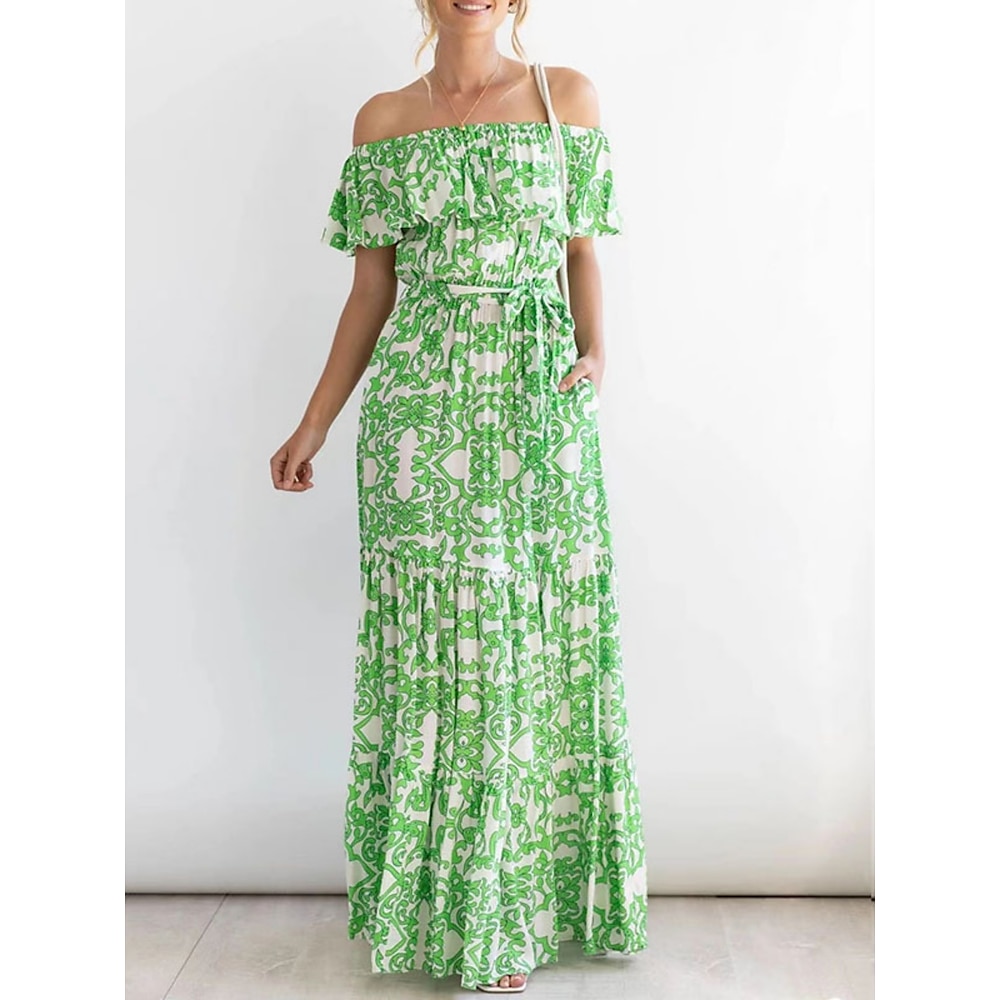 Damen Casual kleid Boho Chic Kleider Böhmen Stilvoll Brautkleider schlicht Blumen Maxidress Kurzarm Schulterfrei Vorne binden Rüsche Bedruckt Lockere Passform Urlaub Täglich Strand Gelb Grün Sommer Lightinthebox