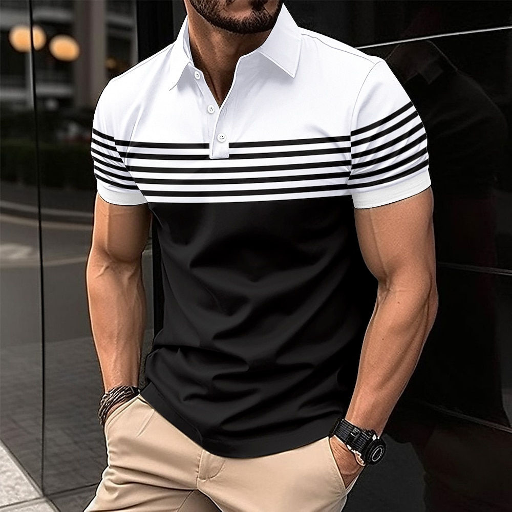 Herren Polo Business-Polo Geschäft Casual Kargen Klassisch Kurzarm Farbblock Streifen Knopf Sommer Frühling Herbst Schwarz Weiß Rote Dunkelgray Polo Lightinthebox