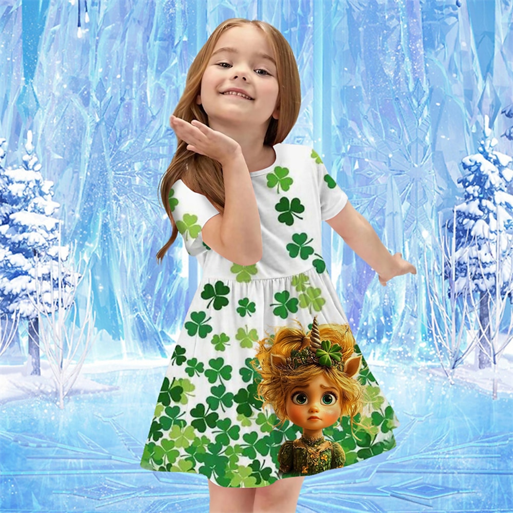 St. Patrick Mädchen' 3D Graphic Vierblättriges Kleeblatt Kleid Kurzarm Sommer Frühling Urlaub Täglich Festtage Prinzessin Schön Süß kinderkleidung 4-12 Jahre Casual kleid A Linie Kleid Knielang Lightinthebox