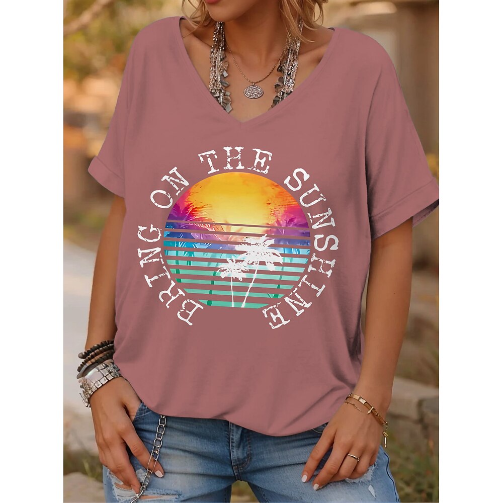 Damen T Shirt Stilvoll Brautkleider schlicht Landschaft Buchstabe Normale Oberteile Kurzarm V Ausschnitt Bedruckt Regular Fit Täglich Rosa Sommer Lightinthebox