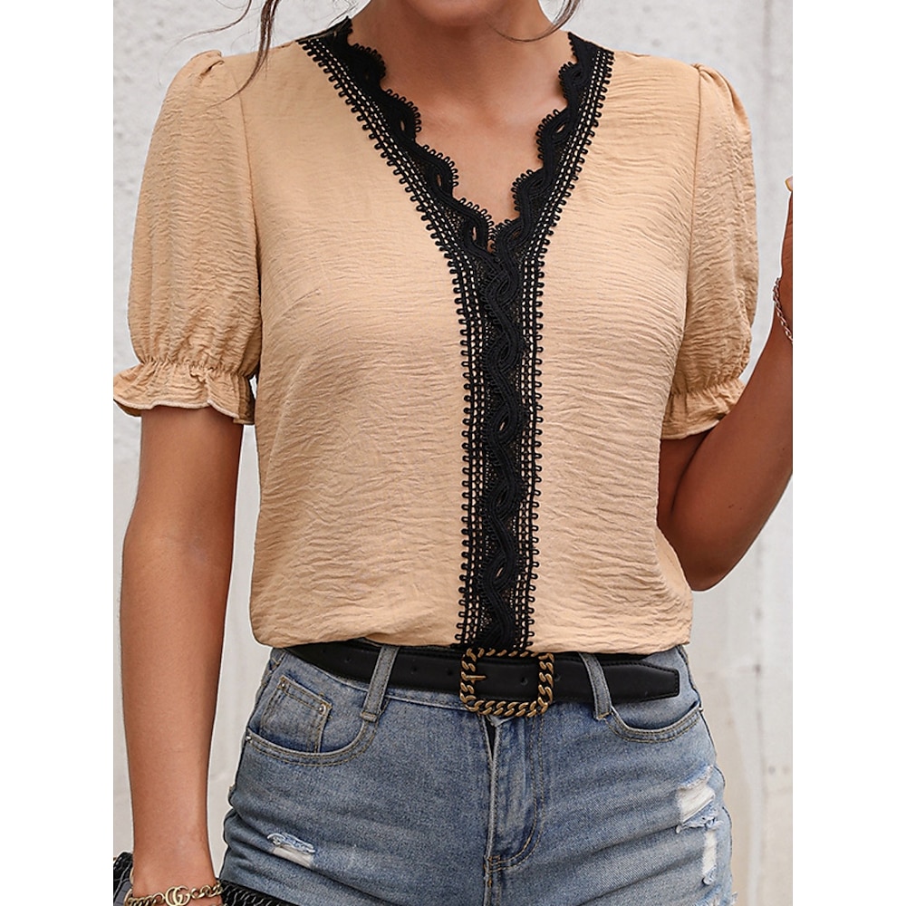 Damen Hemd Bluse Stilvoll Brautkleider schlicht Feste Farbe Normale Oberteile Kurzarm Puffärmel V Ausschnitt Spitze Patchwork Regular Fit Täglich Khaki Sommer Frühling Lightinthebox