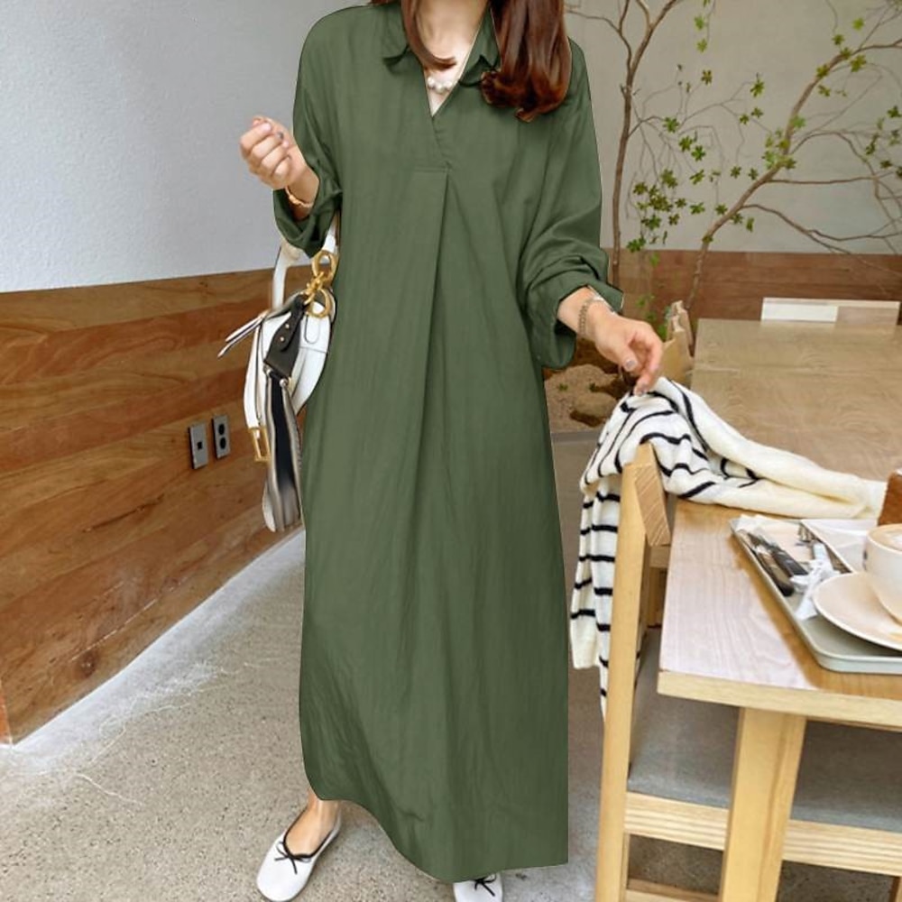 Damen Casual kleid Baumwoll-Leinenkleid Stilvoll Brautkleider schlicht Glatt kleid lang Langarm Kargen Regular Fit Urlaub Täglich Verabredung Schwarz Wein Khaki Armeegrün Sommer Frühling Lightinthebox