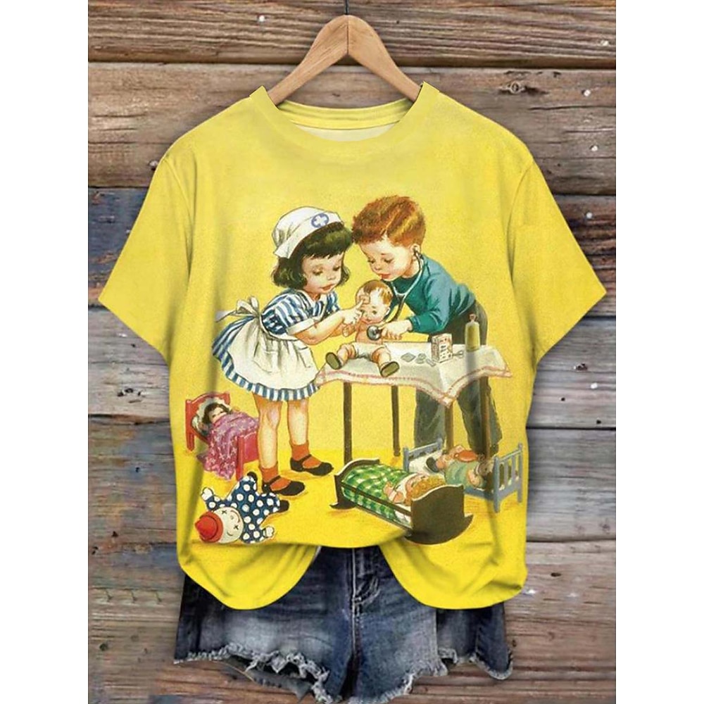 Damen T Shirt Vintage Brautkleider schlicht Kurzarm Rundhalsausschnitt Normale Oberteile Täglich Bedruckt Gelb Sommer Lightinthebox