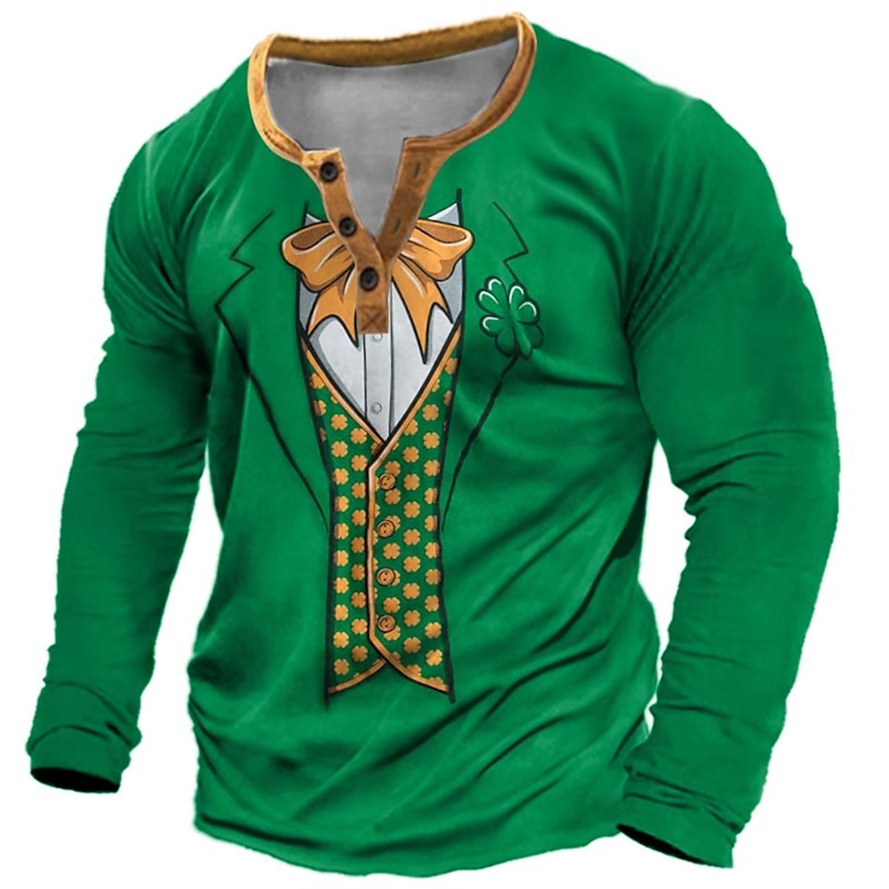 Herren St. Patrick Graphic Henley Shirt Langarm Modisch Kuschelig Täglich Casual Festtage Bier Festival Frühling Herbst Grau Schwarz Grün Braun Henley Henley T-Shirt Lightinthebox