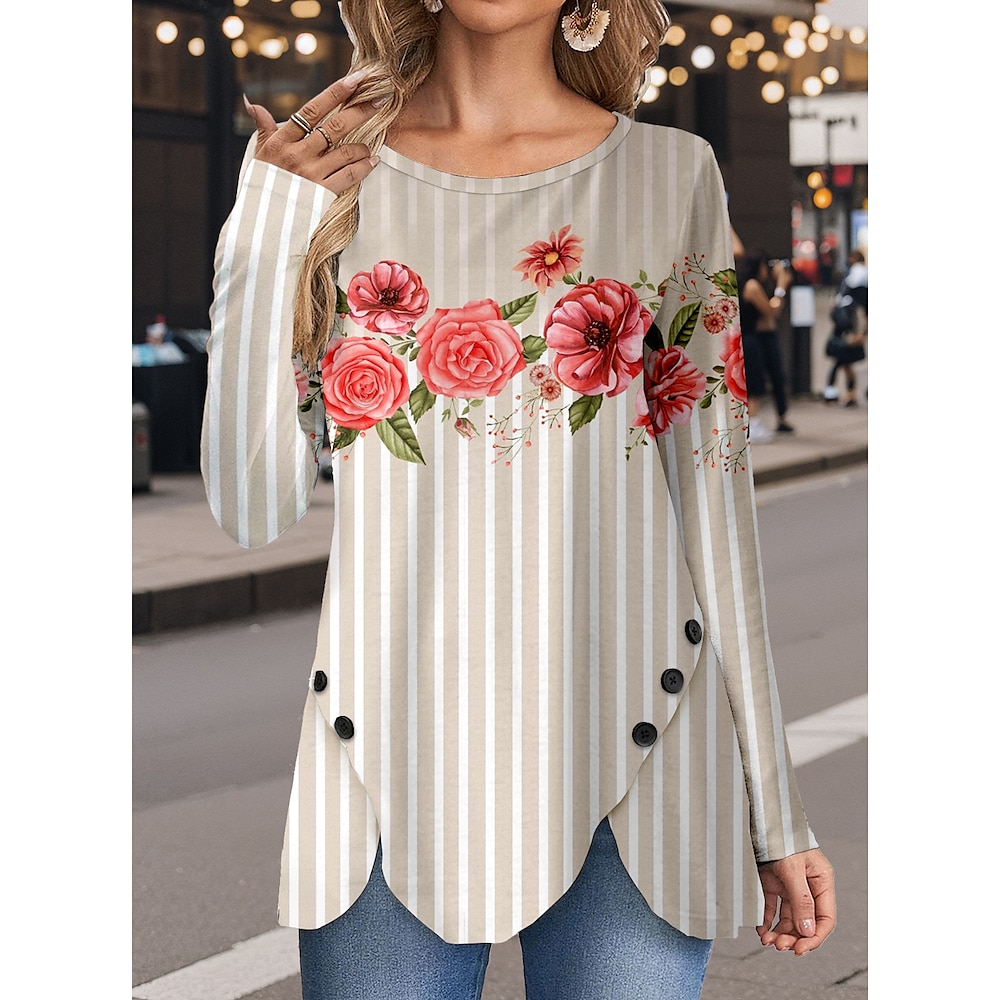 Damen T Shirt Brautkleider schlicht Blumen Gestreift Normale Oberteile Langarm Rundhalsausschnitt Knopf Bedruckt Asymmetrisch Regular Fit Täglich Khaki Frühling Herbst Lightinthebox