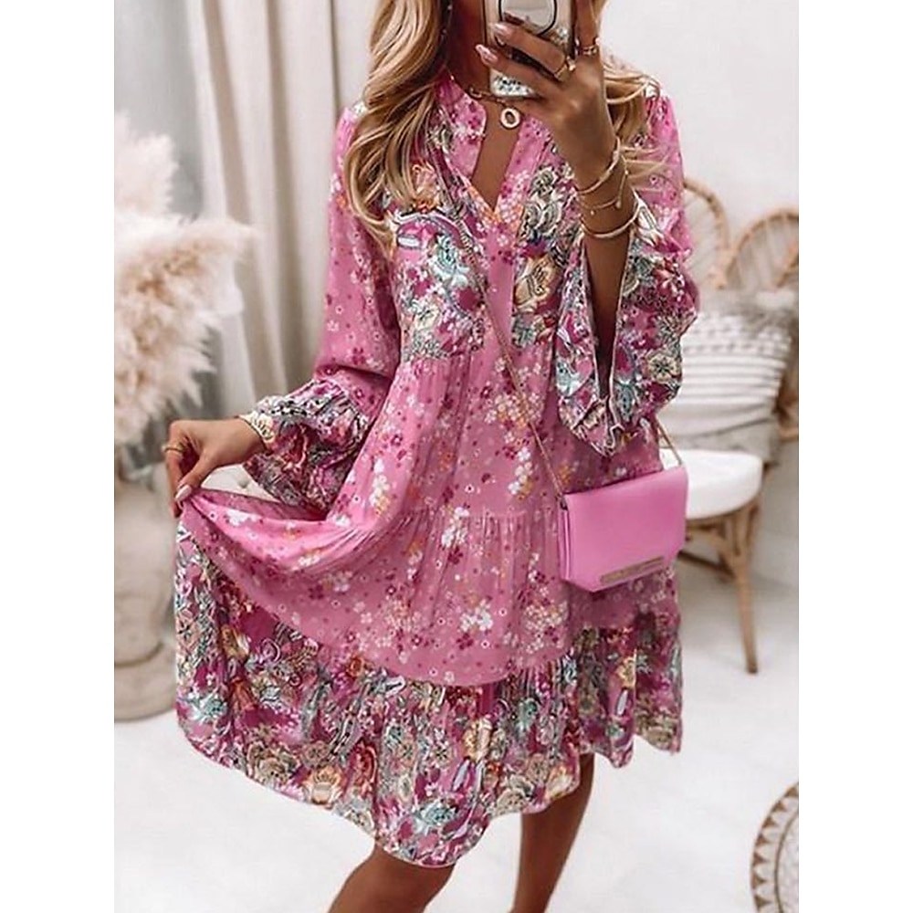 Damen Casual kleid A Linie Kleid Boho-Kleid Böhmen Brautkleider schlicht Blumen Minikleid Langarm Gekerbter Hals Bedruckt Regular Fit Urlaub Täglich Rosa Blau Sommer Frühling Herbst Lightinthebox