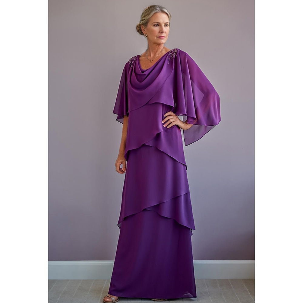 formelles A-Linien-Kleid für Hochzeitsgäste, Kleid für die Mutter der Braut, elegant, schlicht, Rundhalsausschnitt, bodenlang, Chiffon, 3/4-Ärmel mit Spitzenlagen, kaskadierende Rüschen, 2025 Lightinthebox