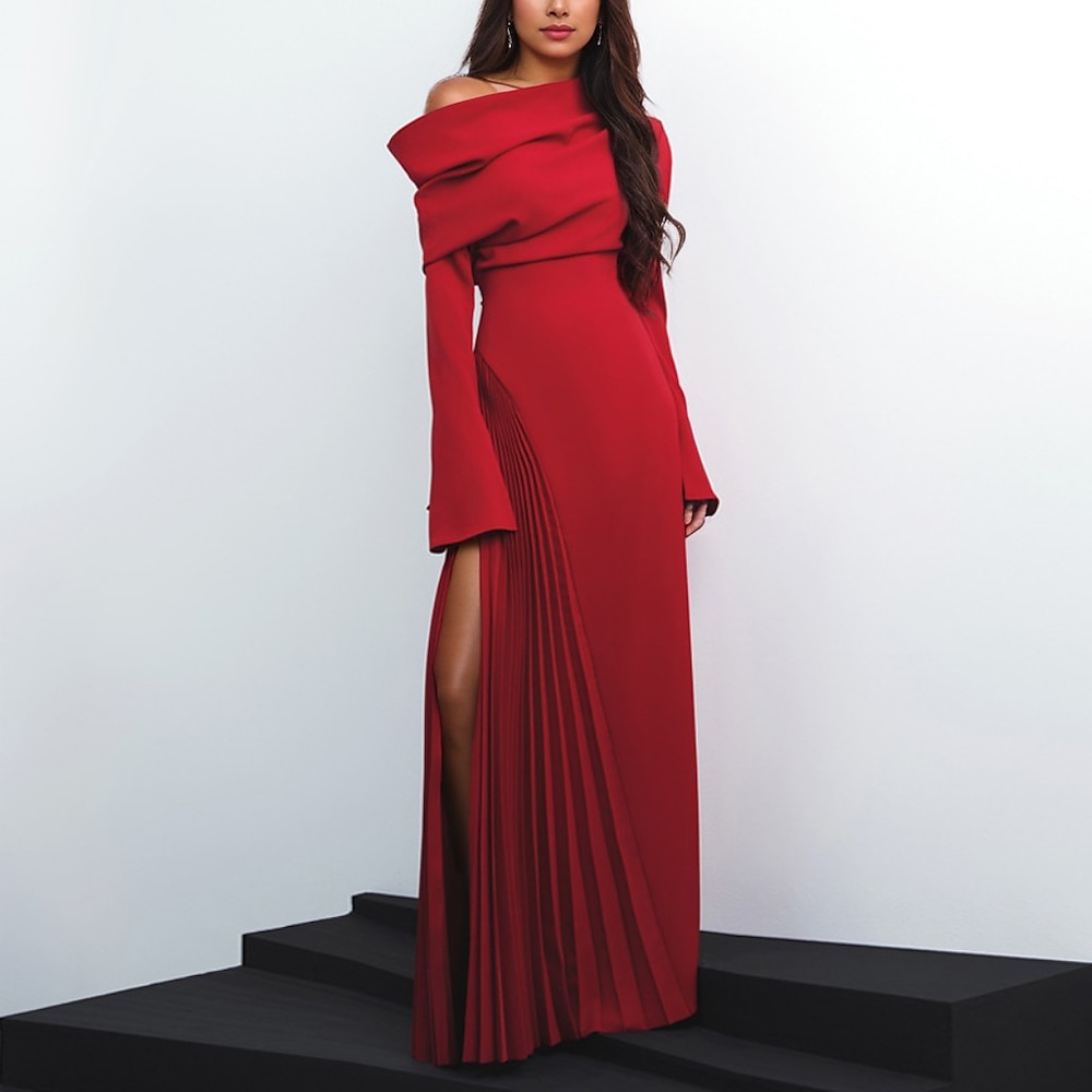 rotes A-Linien-Abendkleid, elegantes Kleid für formelle Hochzeitsgäste, bodenlang, lange Ärmel, Wasserfallausschnitt, Polyester mit Falten, 2025 Lightinthebox