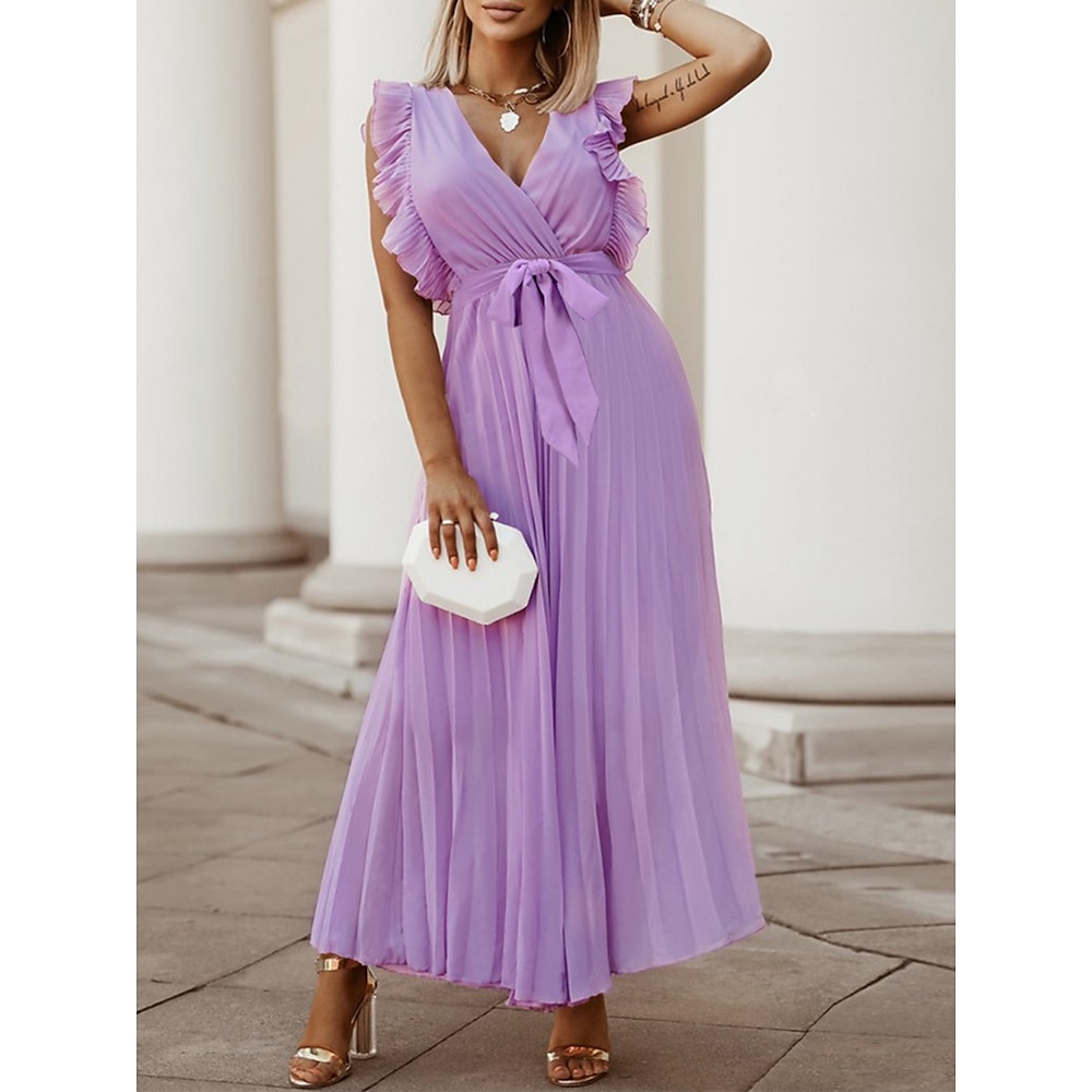 Damen Chiffon-Kleid Stilvoll Basic Brautkleider schlicht Glatt Maxidress Ärmellos V Ausschnitt Rüschen Regular Fit Urlaub Täglich Weiß Purpur Sommer Lightinthebox