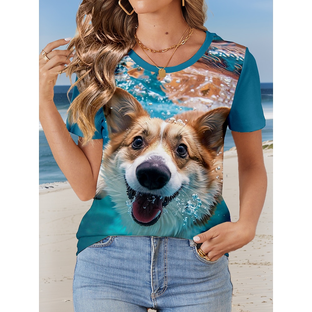 Damen T Shirt Brautkleider schlicht Tier Hund Normale Oberteile Kurzarm Rundhalsausschnitt Bedruckt Regular Fit Täglich Blau Sommer Lightinthebox