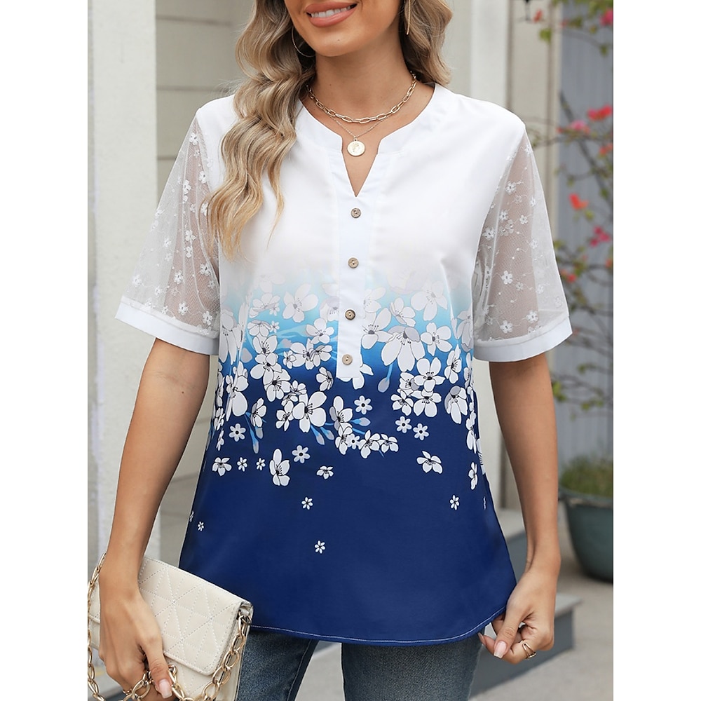 Damen Hemd Bluse Stilvoll Brautkleider schlicht Blumen Normale Oberteile Kurzarm Gekerbter Hals Gitter Knopf Bedruckt Regular Fit Täglich Schwarz Blau Sommer Frühling Lightinthebox