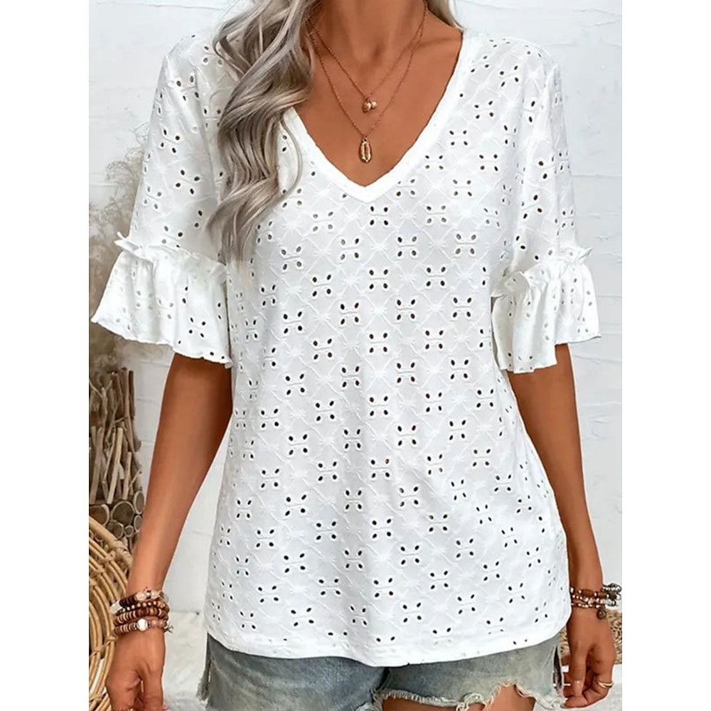 Damen T Shirt Brautkleider schlicht Glatt Normale Oberteile Halbe Ärmel V Ausschnitt Öse Regular Fit Täglich Wochenende Weiß Sommer Frühling Lightinthebox