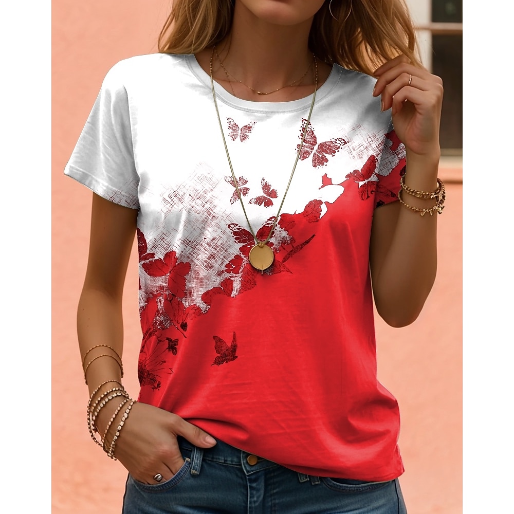 Damen T Shirt Blumen Brautkleider schlicht Kurzarm Rundhalsausschnitt Normale Oberteile Täglich Bedruckt Schwarz Rote Purpur Braun Grün Sommer Lightinthebox