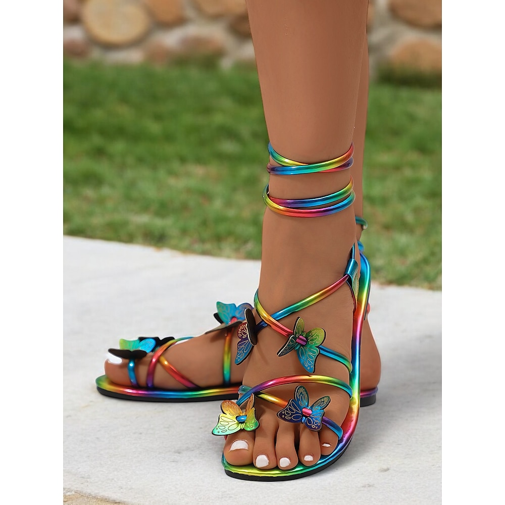 Flache Riemchensandalen für Damen in Regenbogenfarben mit Schmetterlingsverzierungen - auffällig und bequem für Sommer, Strand und Festivals Lightinthebox