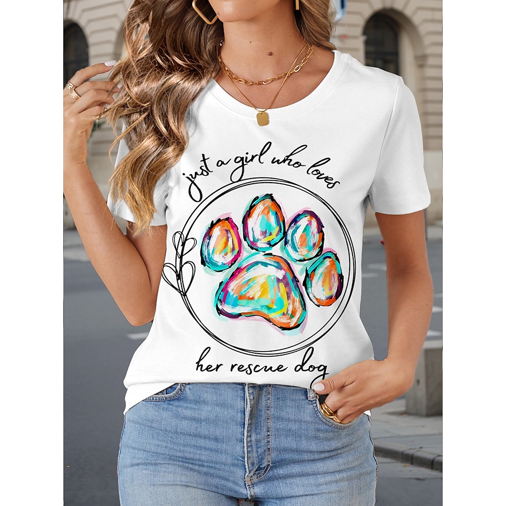 Damen T Shirt Brautkleider schlicht Geometrisch Hund Buchstabe Normale Oberteile Langarm Rundhalsausschnitt Knopf Bedruckt Asymmetrisch Regular Fit Täglich Weiß Sommer Frühling Lightinthebox