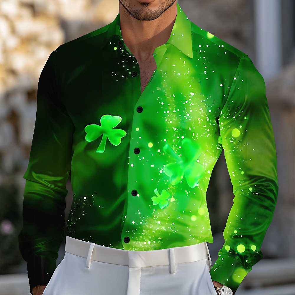 St. Patricks Day Herren Vierblättriges Kleeblatt Satinhemd Oberhemd Knopfhemd Langarm Modisch lässig Festtage Sommer Frühling Herbst Umlegekragen Hemden mit Kragen 3D-Druck Grün Lightinthebox