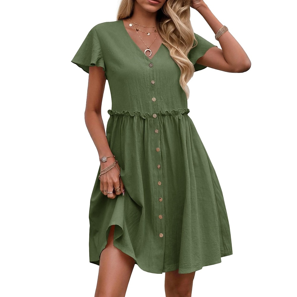 Damen Casual kleid A Linie Kleid Basic Brautkleider schlicht Glatt Minikleid Kurzarm V Ausschnitt Rüsche Knopf Regular Fit Urlaub Täglich Schwarz Marineblau Grün Khaki Sommer Lightinthebox