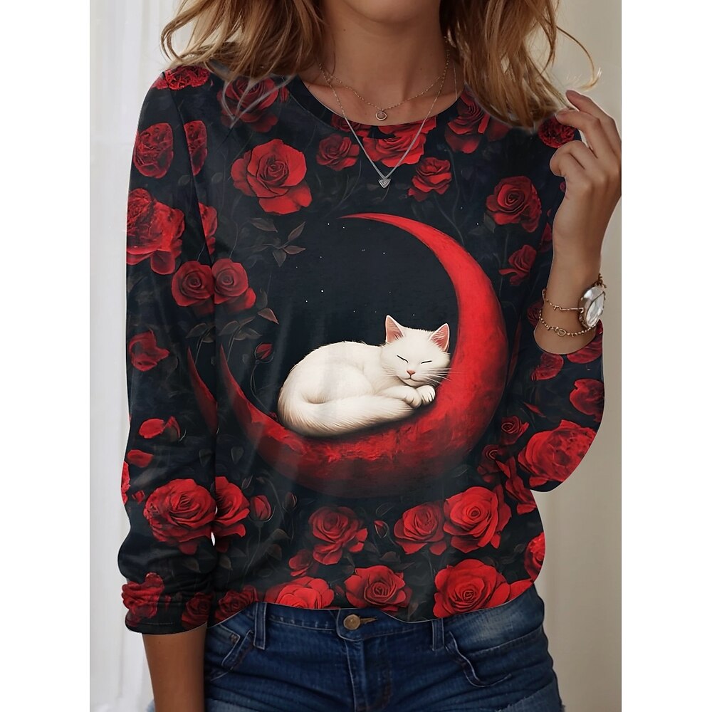 Damen T Shirt Brautkleider schlicht Valentinstag Rose Katze Normale Oberteile Langarm Rundhalsausschnitt Bedruckt Regular Fit Täglich Schwarz Frühling Herbst Lightinthebox