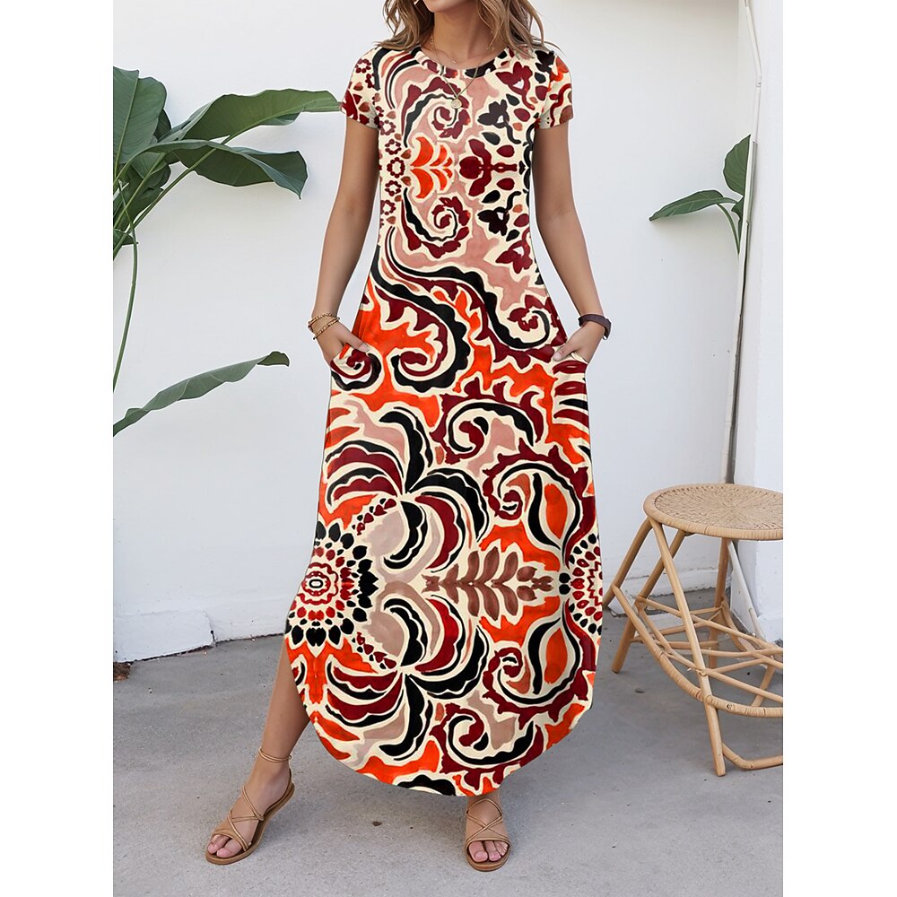 Damen Casual kleid Vintage Graphic Paisley-Muster Maxidress Kurzarm Rundhalsausschnitt Gespleisst Bedruckt Abgerundeter Saum Regular Fit Urlaub Orange Sommer Lightinthebox