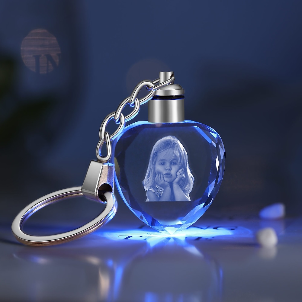 personalisierter 3D-Foto-Schlüsselanhänger aus Kristall mit rotem und blauem LED-Licht - individuell gravierter, lasergravierter Schlüsselanhänger aus Kristall, perfektes Hochzeits-, Gedenk- oder Lightinthebox