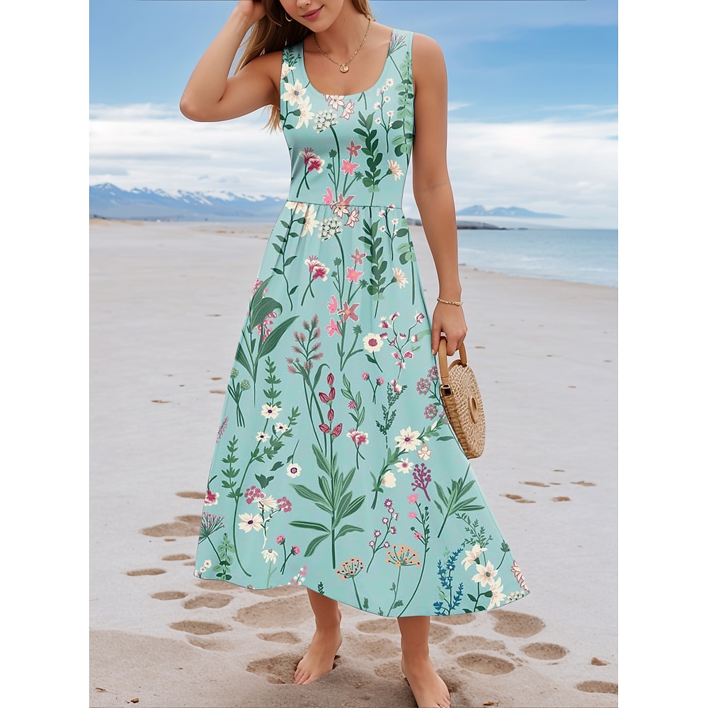 Damen Casual kleid Brautkleider schlicht Blumen Midikleid Ärmellos U-Ausschnitt Bedruckt Regular Fit Täglich Grün Sommer Lightinthebox