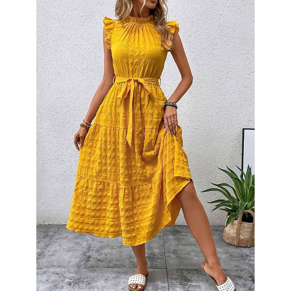 Damen Casual kleid A Linie Kleid Stilvoll Basic Brautkleider schlicht Glatt Maxidress Ärmellos V Ausschnitt Vorne binden Rüsche Regular Fit Urlaub Täglich Gelb Rosa Sommer Frühling Lightinthebox