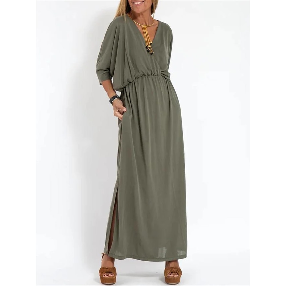 Damen Casual kleid A Linie Kleid Stilvoll Basic Brautkleider schlicht Glatt Maxidress Halbe Ärmel V Ausschnitt Tasche Regular Fit Urlaub Täglich Schwarz Armeegrün Sommer Frühling Lightinthebox