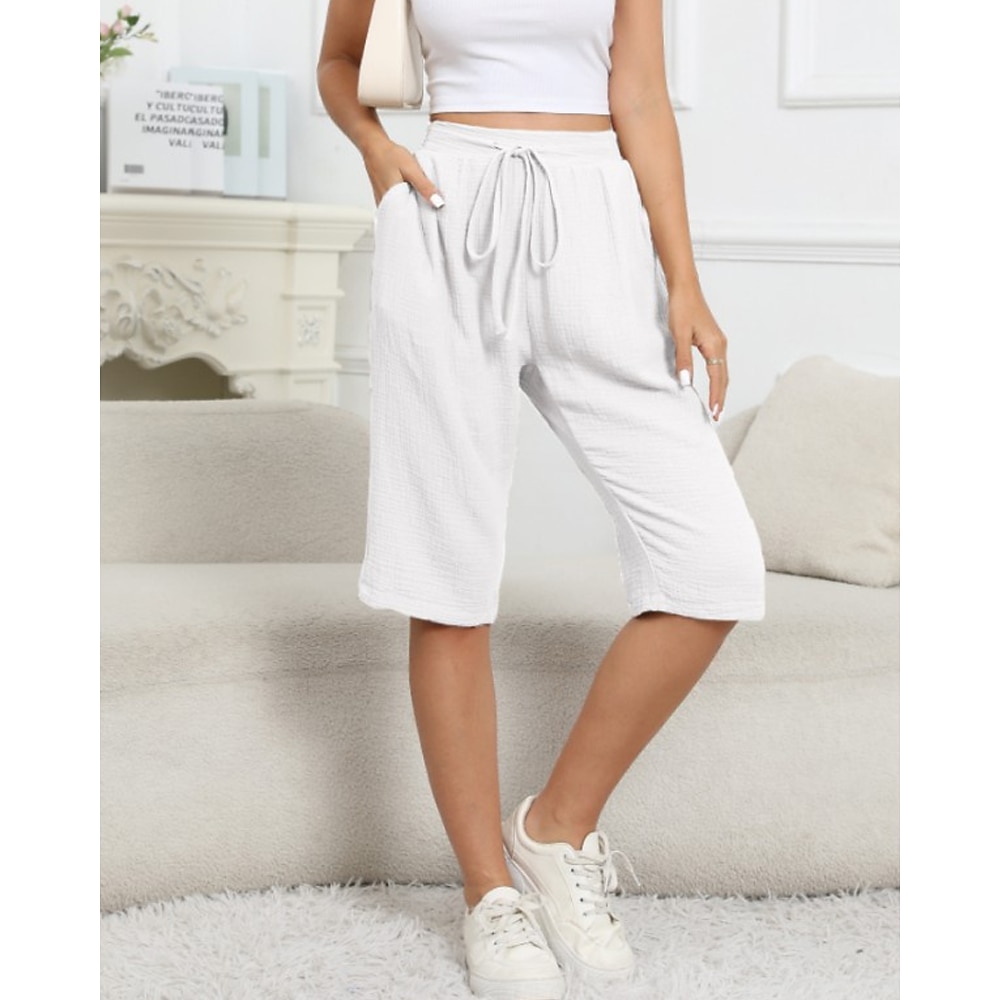 Damen Shorts Kurze Hosen Leicht Brautkleider schlicht Knielänge Mittlere Hüfthöhe Glatt Tasche Kordelzug Atmungsaktivität Komfortabel Unelastisch Casual Wochenende Marinenblau Schwarz Weiß Khaki Lightinthebox