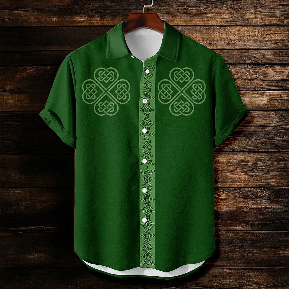 St. Patricks Day Herren Vierblättriges Kleeblatt Lässiges Hemd Knopfhemd Kurzarm Vintage Urlaub Festtage Festival Sommer Frühling Umlegekragen Hemden mit Kragen Grün Lightinthebox