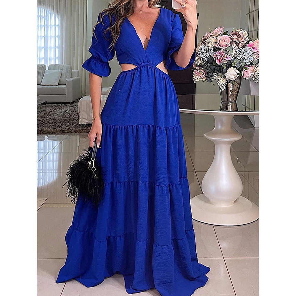 Damen abendkleider A Linie Kleid Elegant Stilvoll Brautkleider schlicht Glatt Maxidress Langarm Ausgestellter Ärmel V Ausschnitt Patchwork Regular Fit Party Verabredung Rote Blau Frühling Herbst Lightinthebox