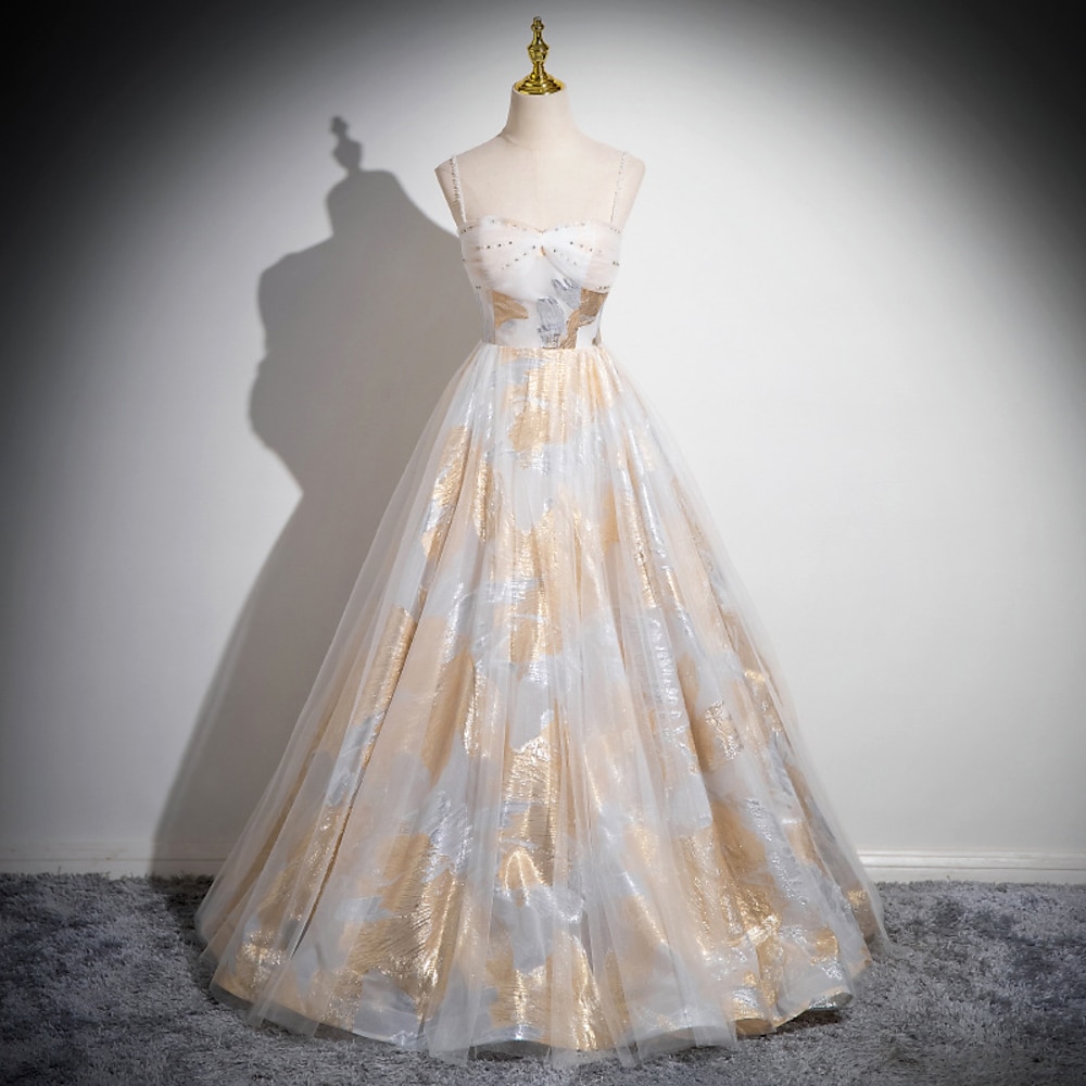 Ballkleid mit Blumenmuster und Gold, A-Linie, Ballkleid, Vintage-Kleid, formelle Maskerade, bodenlang, ärmellos, Spaghettiträger, Tüll mit Glitzer 2025 Lightinthebox